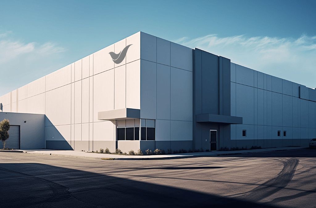 Exterior view of a large, modern industrial warehouse building under a clear blue sky.